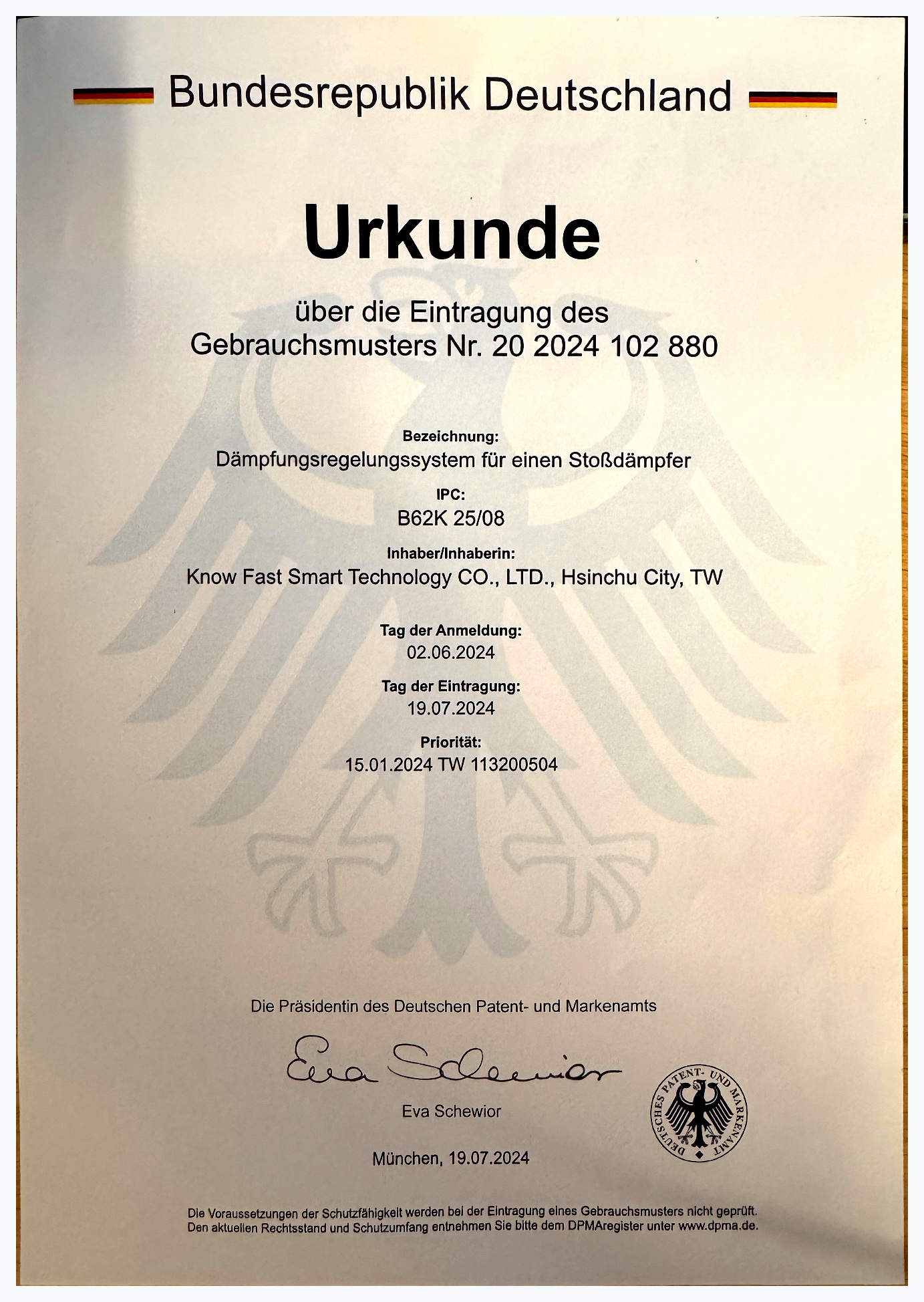 Dämpfungsregelungssystem für einen Stoßdämpfer patent certificate 20 2024 102 880
